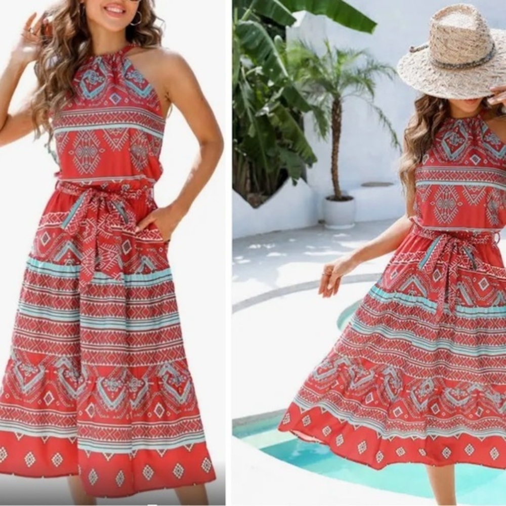 Cupshe Red Patterned Halter Maxi Dress with Aqua Accents